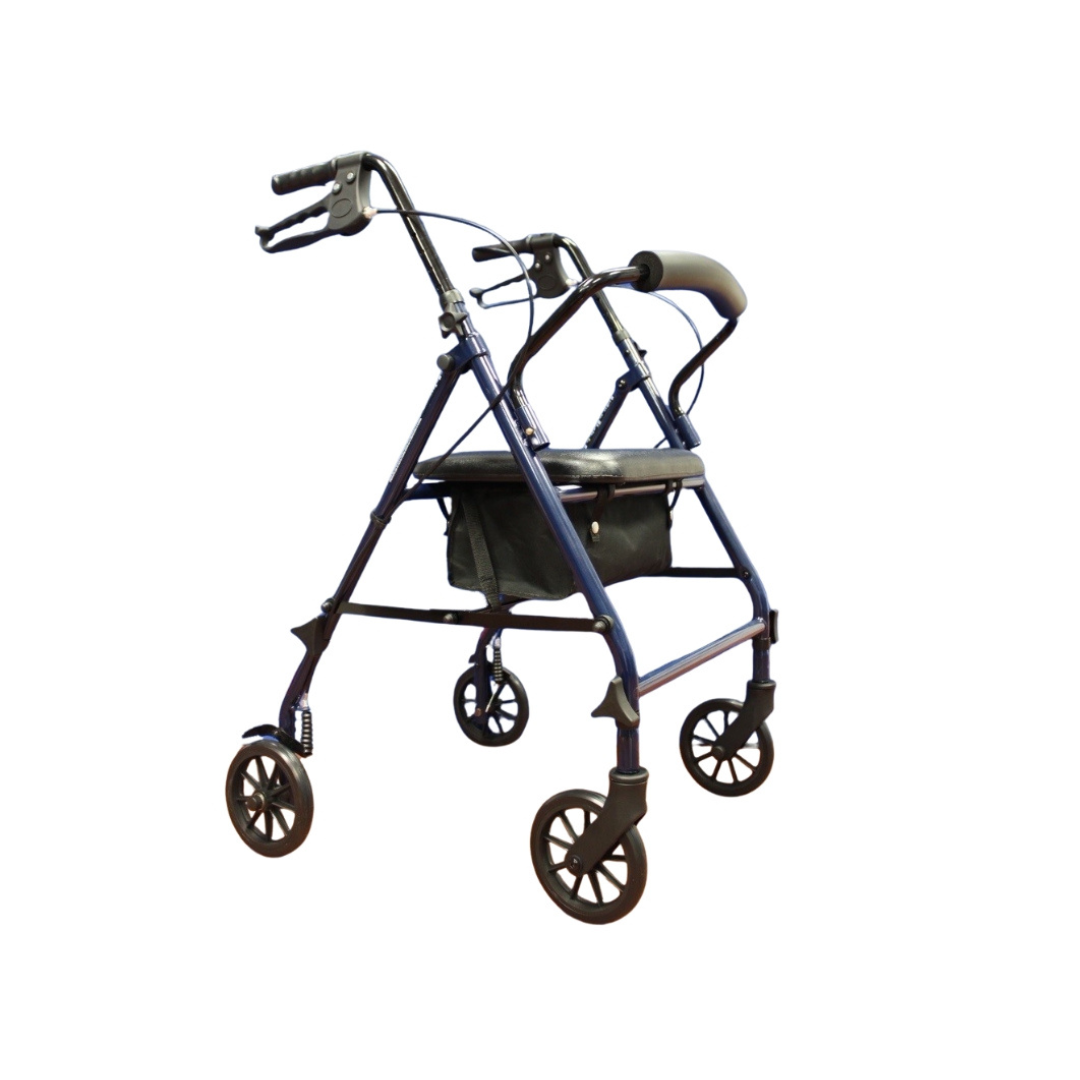 The ProBasics Lightweight Steel Portable KD Rollator, shown in blue on a white background, features ergonomic hand brakes and handles, a padded seat, and a storage pouch beneath the seat.
